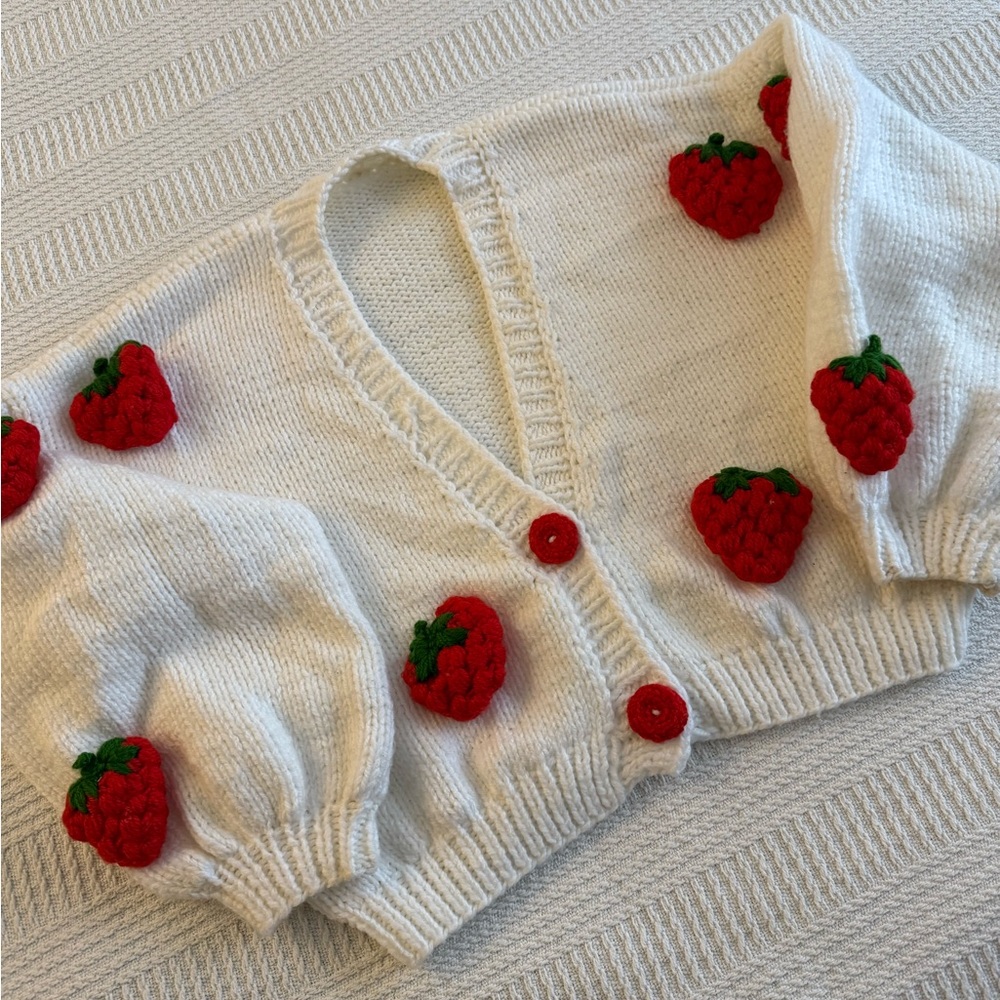 Handmade Strawberry Knit Cropped Cardigan - White and Red